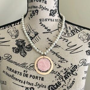 Handcrafted Upcycled Faux Pearl Necklace with Pink and Gold-tone Pendant